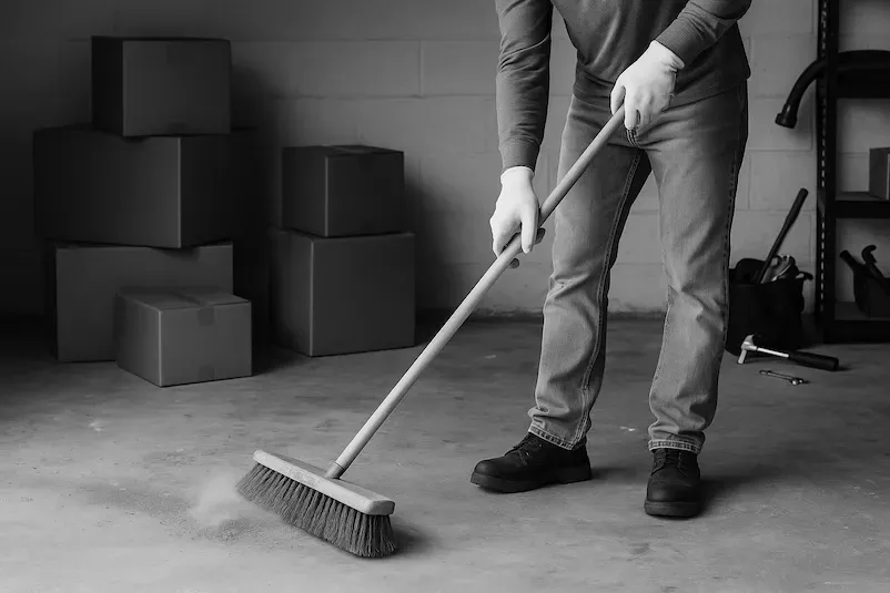 person sopar ett dammigt garagegolv med en sopborste, omgiven av flyttlådor och verktyg